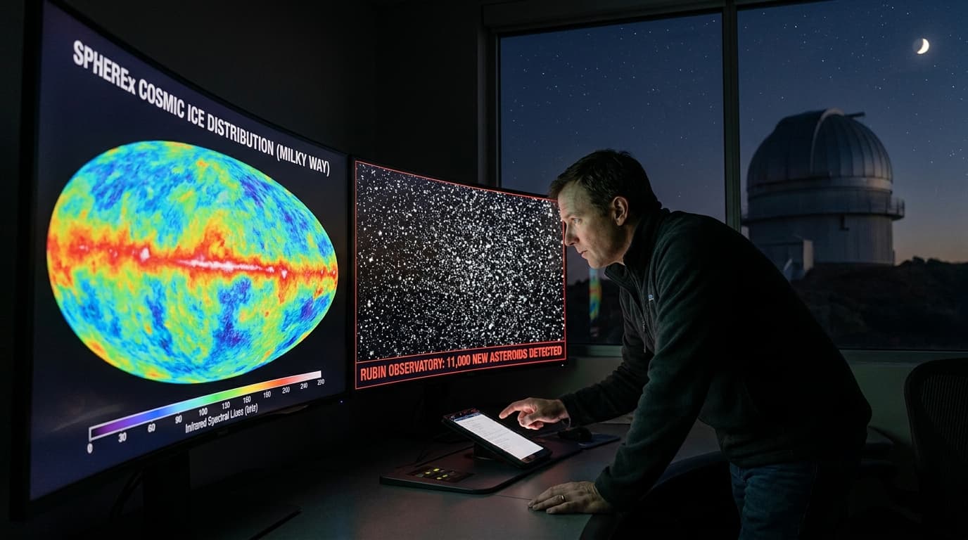 SPHEREx Maps Cosmic Ices as Rubin Finds 11,000 Asteroids in Early 2026
